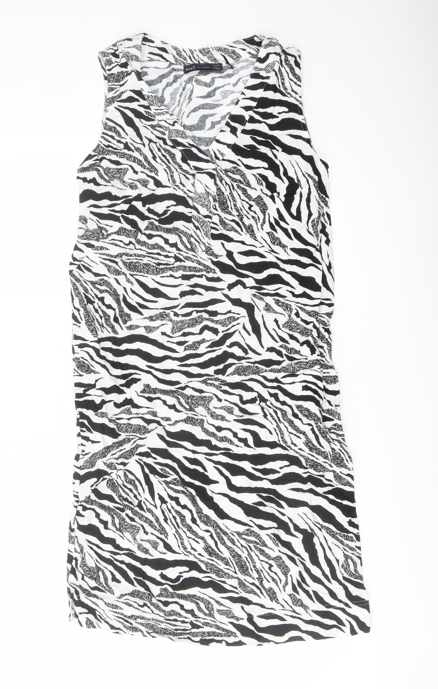 Marks and Spencer Womens White Animal Print Linen Trapeze & Swing Size 6 V-Neck Pullover