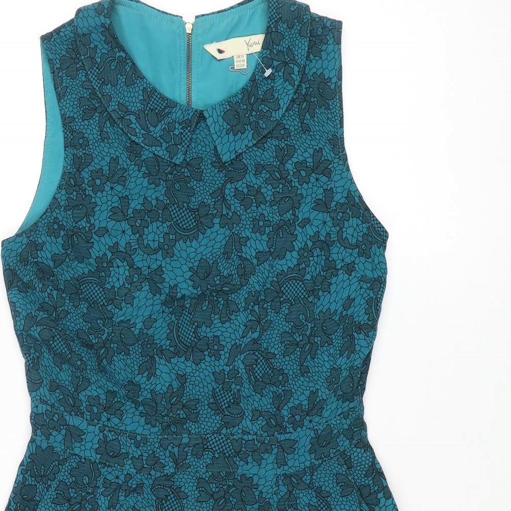 Yumi Womens Blue Floral Cotton A-Line Size 10 Collared Zip