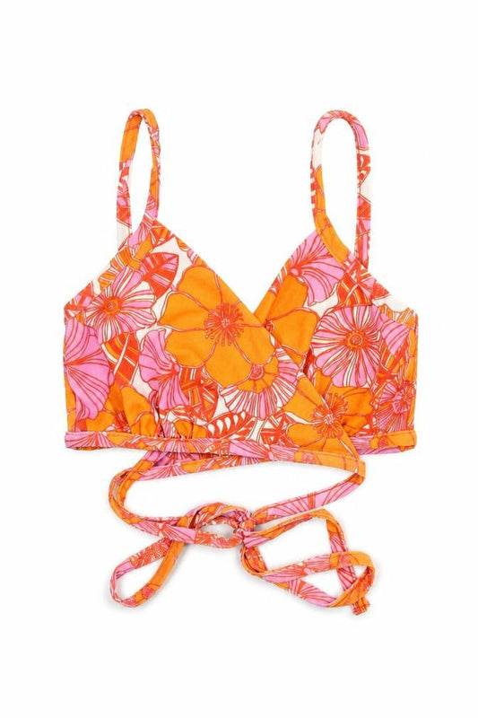 Boohoo Womens Orange Floral Polyester Cropped Tank Size 14 V-Neck - Wrap Style