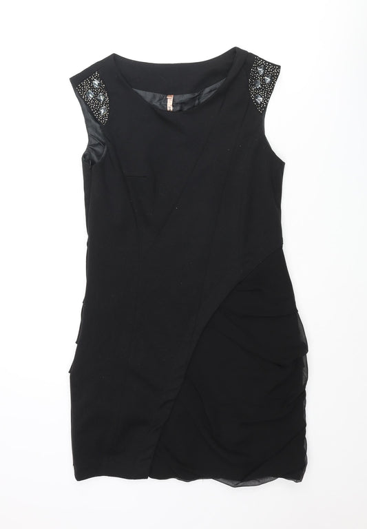 Sweewë Womens Black Viscose Mini Size S Round Neck Zip - Beaded Sleeve Detail Size S-M Rouched
