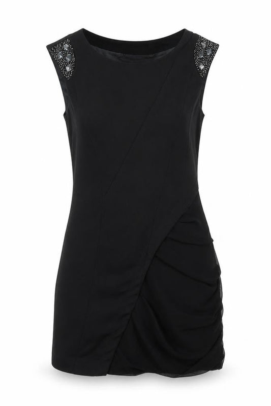Sweewë Womens Black Viscose Mini Size S Round Neck Zip - Beaded Sleeve Detail Size S-M Rouched