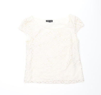 Warehouse Womens Ivory Geometric Cotton Basic Blouse Size 10 Round Neck