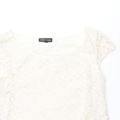 Warehouse Womens Ivory Geometric Cotton Basic Blouse Size 10 Round Neck