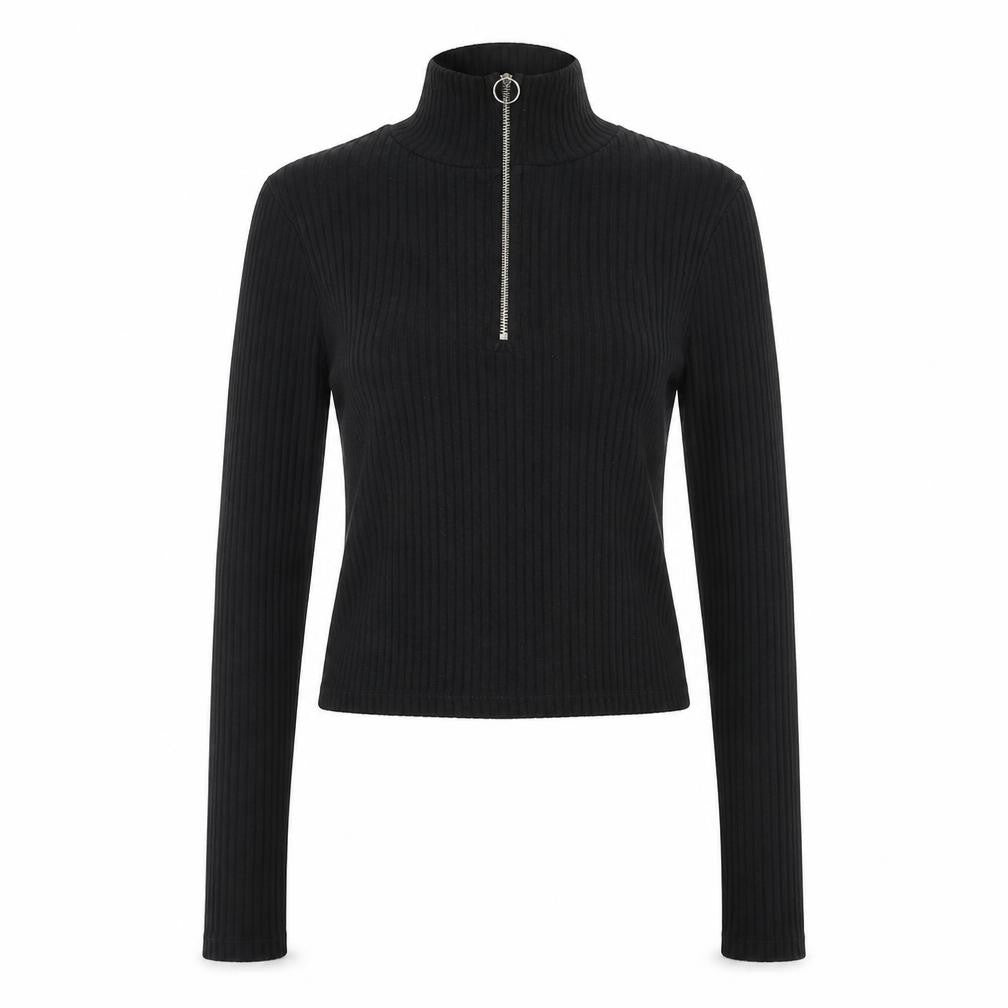 Topshop Womens Black Cotton Cropped Blouse Size 8 Mock Neck - Ribbed