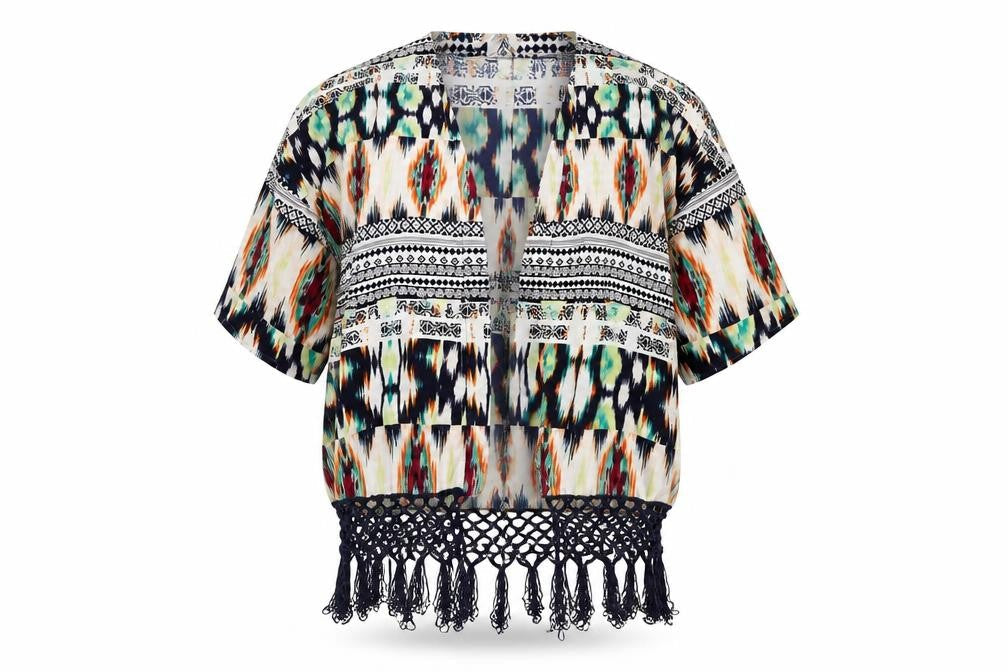 Only Womens Multicoloured Geometric Polyester Kimono Blouse Size 14 V-Neck - Fringe Hem