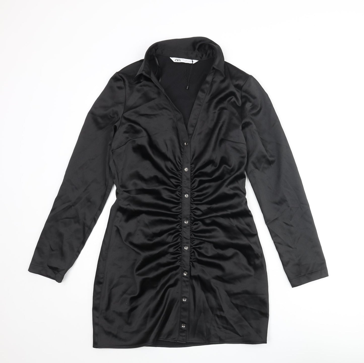 Zara Womens Black Polyester Shirt Dress Size M Collared Zip - Button Detail Rouched