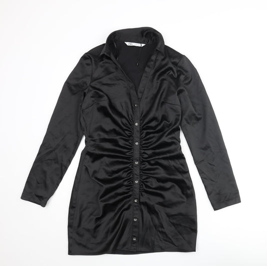 Zara Womens Black Polyester Shirt Dress Size M Collared Zip - Button Detail Rouched