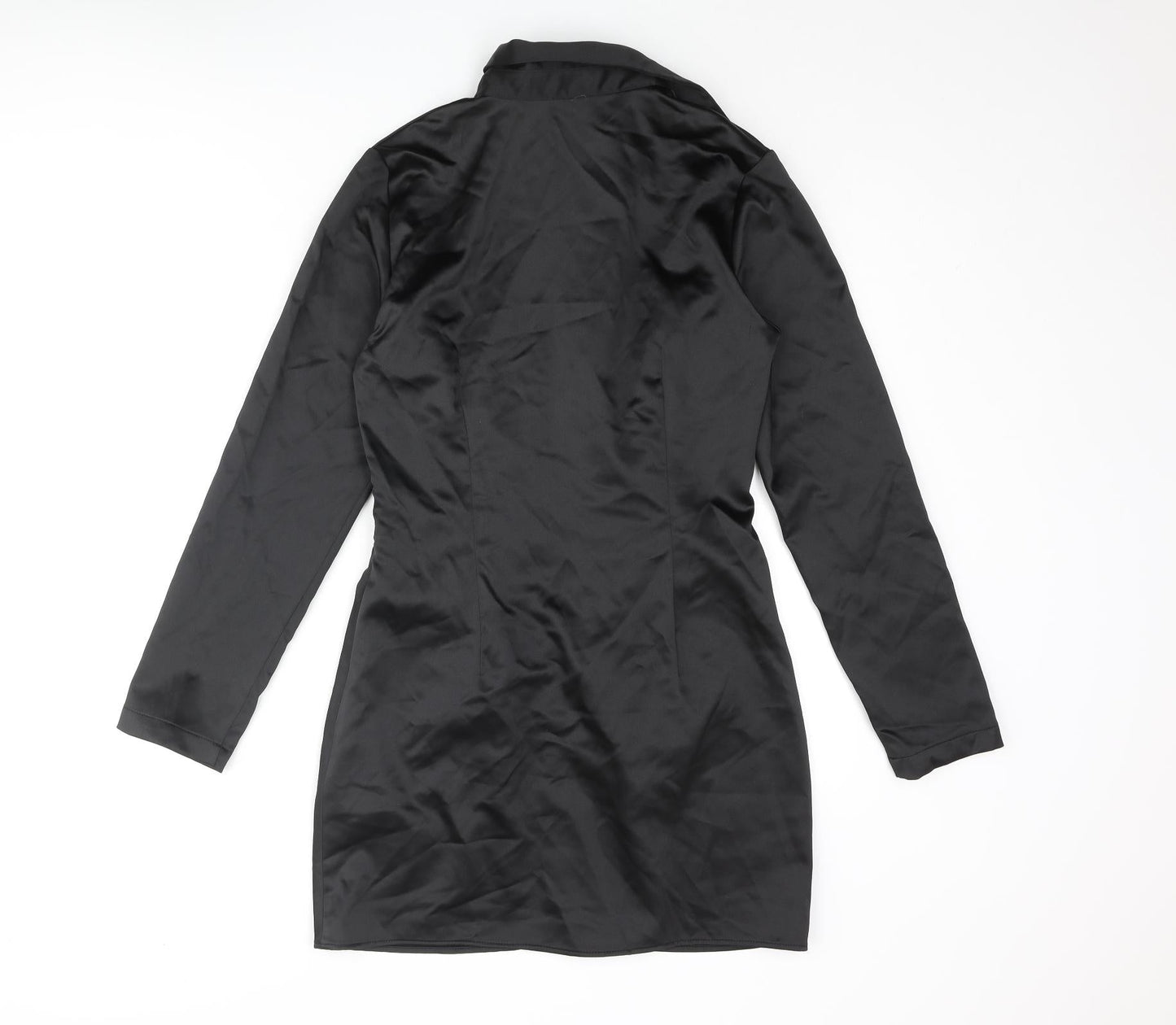 Zara Womens Black Polyester Shirt Dress Size M Collared Zip - Button Detail Rouched
