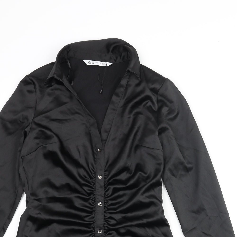 Zara Womens Black Polyester Shirt Dress Size M Collared Zip - Button Detail Rouched