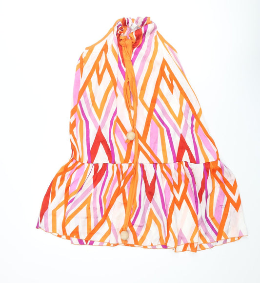 Zara Womens Multicoloured Geometric Polyester A-Line Size S Round Neck Tie - Smocked Wooden Bead Detail