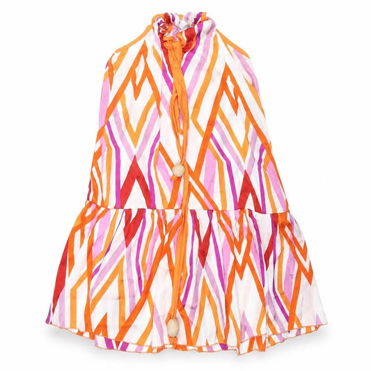 Zara Womens Multicoloured Geometric Polyester A-Line Size S Round Neck Tie - Smocked Wooden Bead Detail