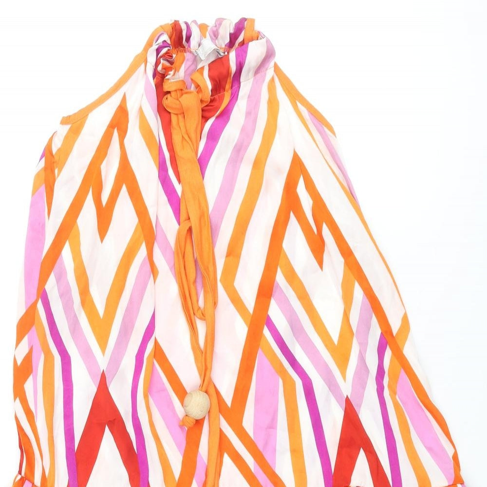 Zara Womens Multicoloured Geometric Polyester A-Line Size S Round Neck Tie - Smocked Wooden Bead Detail