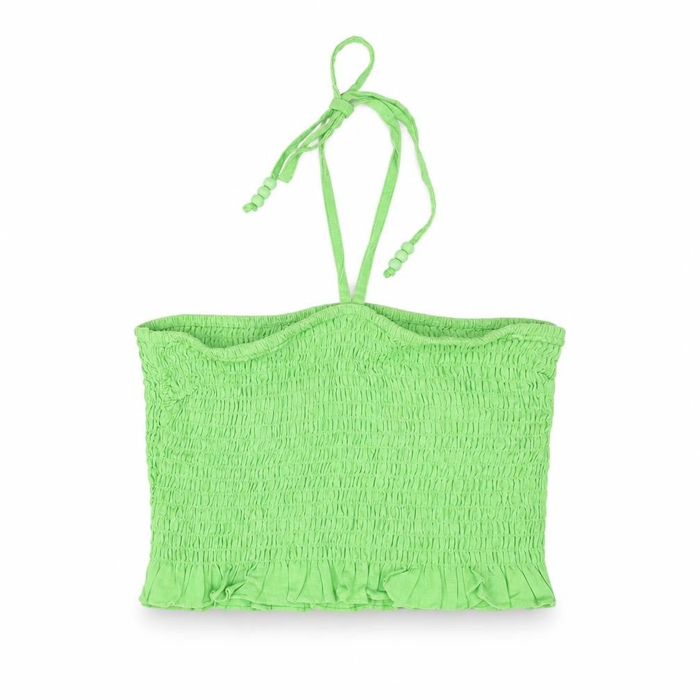 COLLUSION Womens Green Cotton Cropped Blouse Size 8 Halter - Beaded Straps