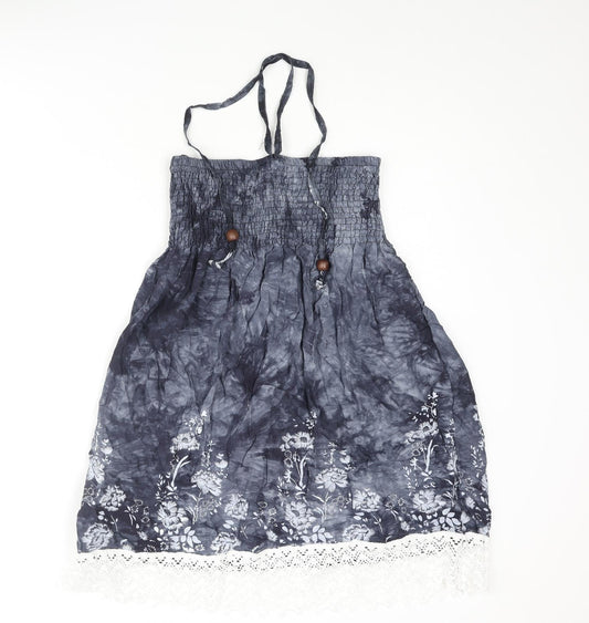 Koopai Womens Grey Tie Dye Cotton A-Line Size S Halter Pullover - Wooden Bead Lace Trim Floral Print Size S-M