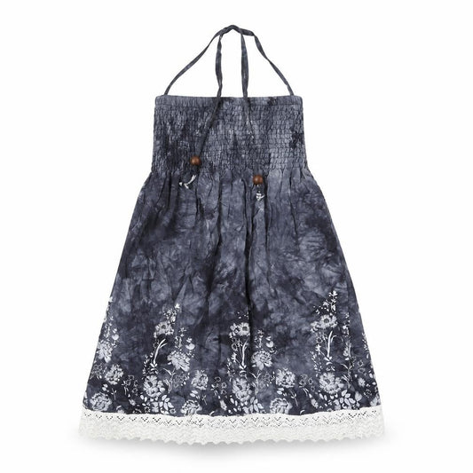 Koopai Womens Grey Tie Dye Cotton A-Line Size S Halter Pullover - Wooden Bead Lace Trim Floral Print Size S-M