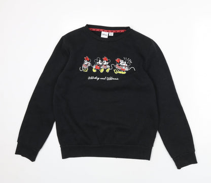 Preloved Disney Womens Black Polyester Pullover Sweatshirt Size 6 Pullover - Size 6-8, Mickey and Minnie - Front