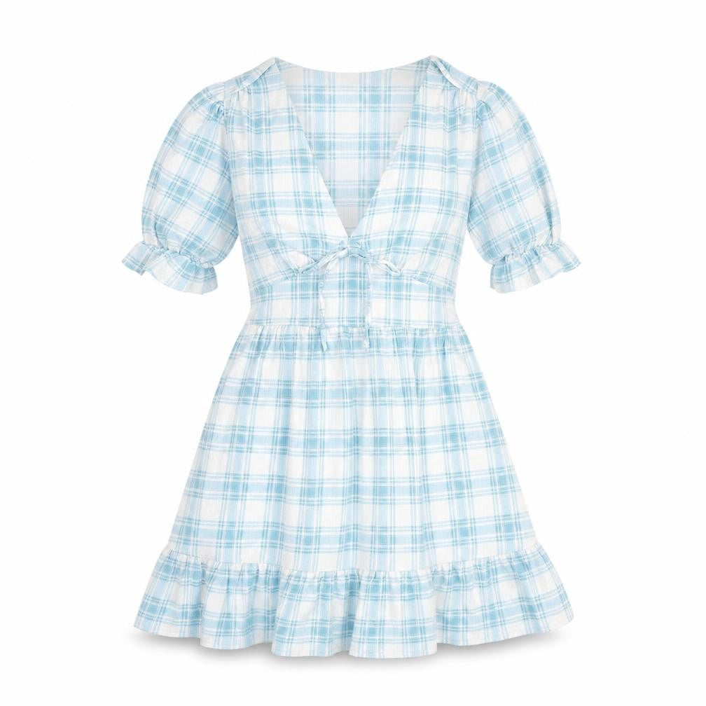 River Island Womens Blue Plaid Polyester A-Line Size 10 V-Neck Pullover - Tie Detail