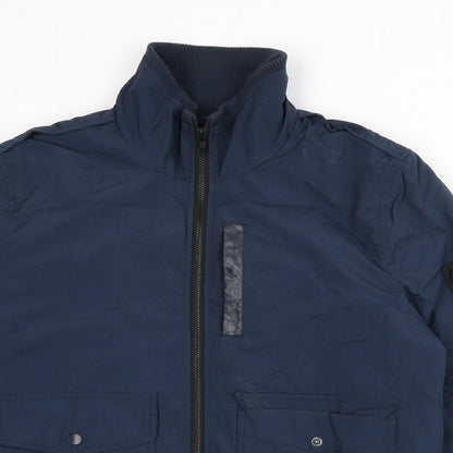Close-up detail of ASOS men’s blue bomber jacket jacket, size M, zip