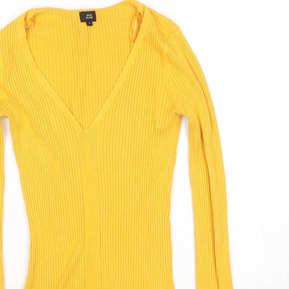 River Island Womens Yellow V-Neck Viscose Pullover Jumper Size 6