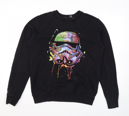 Front view of Star Wars men’s black cotton pullover sweatshirt, size M, - stormtrooper