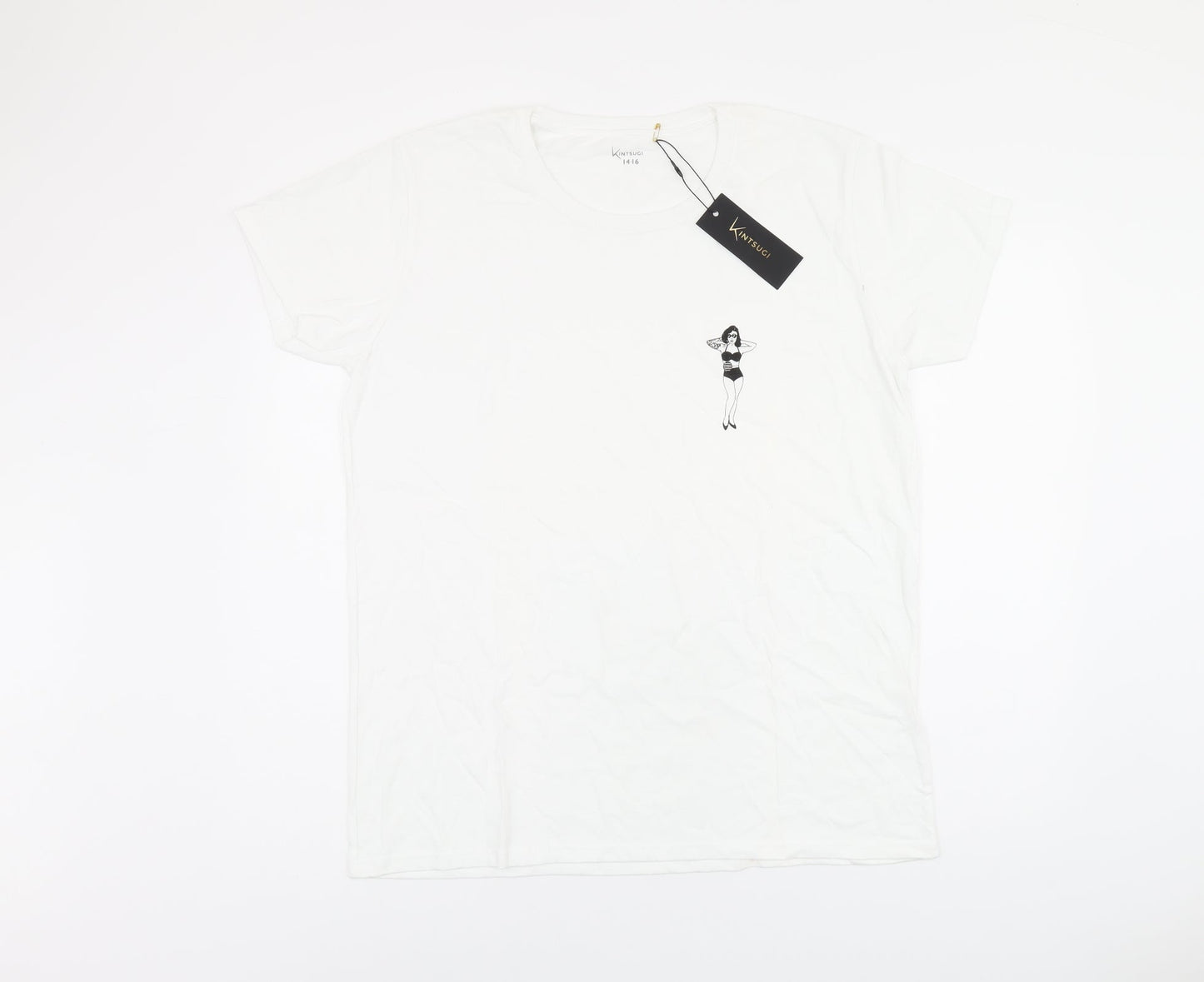 Kintsugi Womens White Polyester Basic T-Shirt Size 14 Round Neck