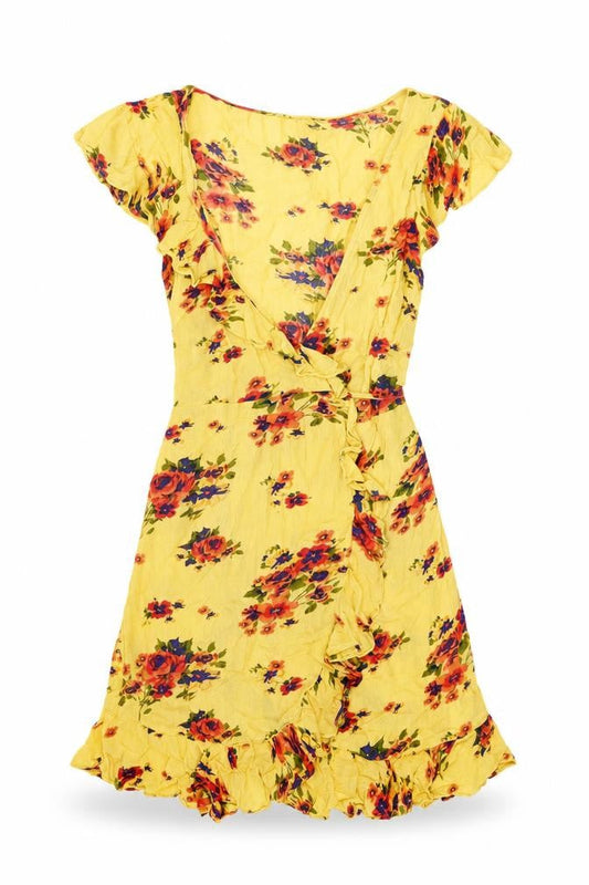 Pins & Needles Womens Yellow Floral Viscose Wrap Dress Size XS V-Neck Tie