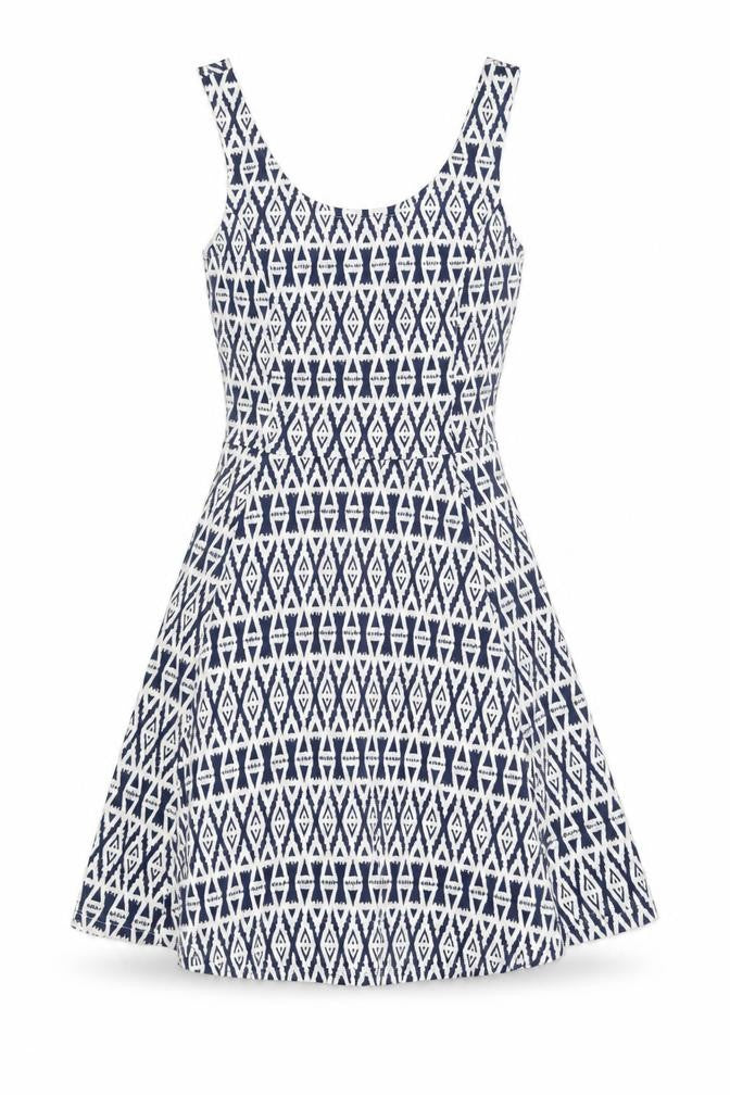 H&M Womens White Geometric Polyester Skater Dress Size 6 Scoop Neck Pullover