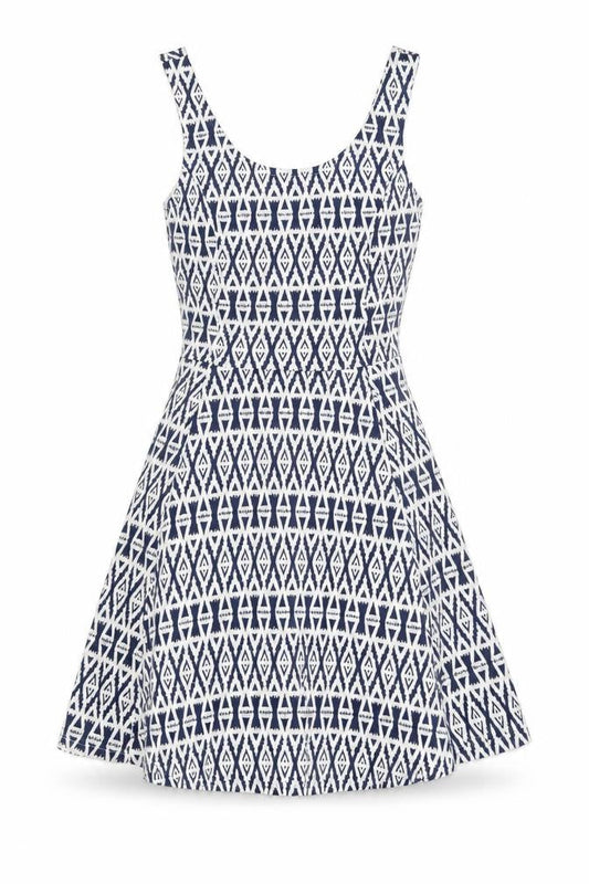 H&M Womens White Geometric Polyester Skater Dress Size 6 Scoop Neck Pullover