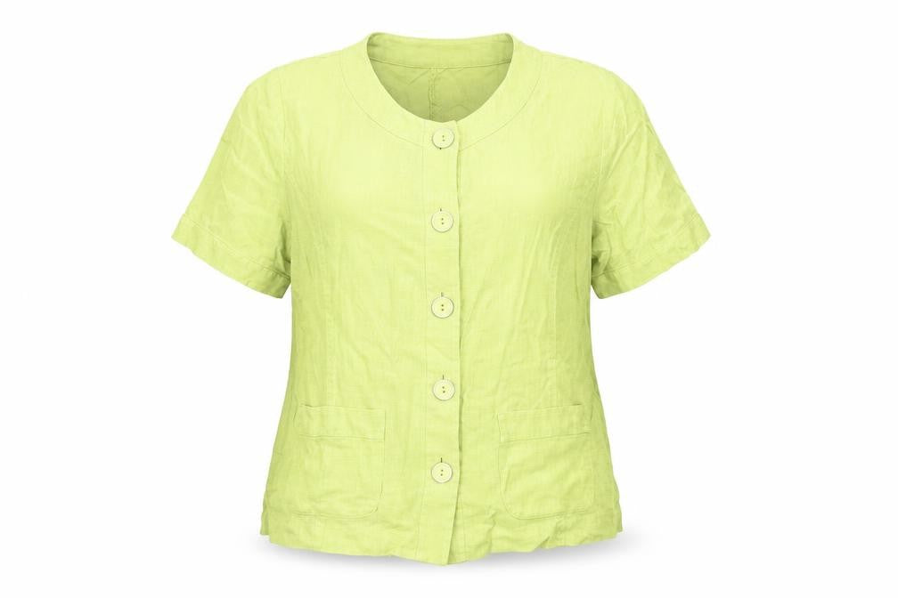 EWM Womens Green Linen Basic Button-Up Size 14 Round Neck