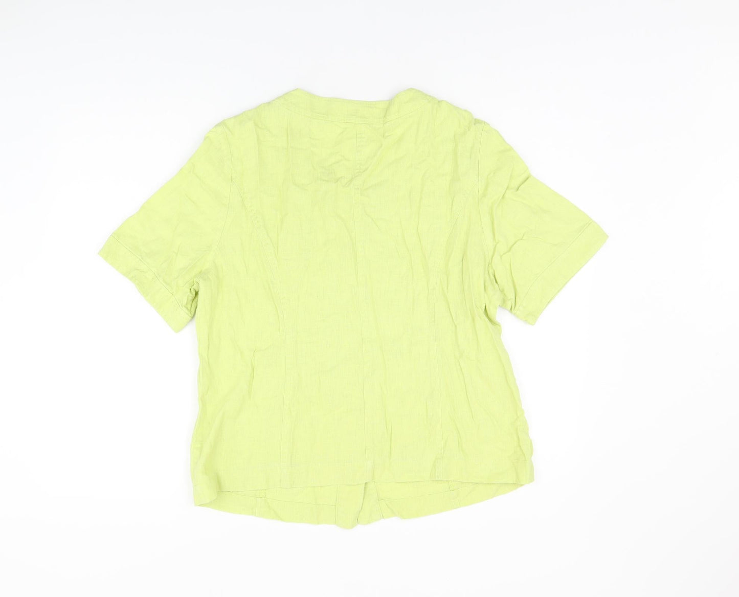 EWM Womens Green Linen Basic Button-Up Size 14 Round Neck