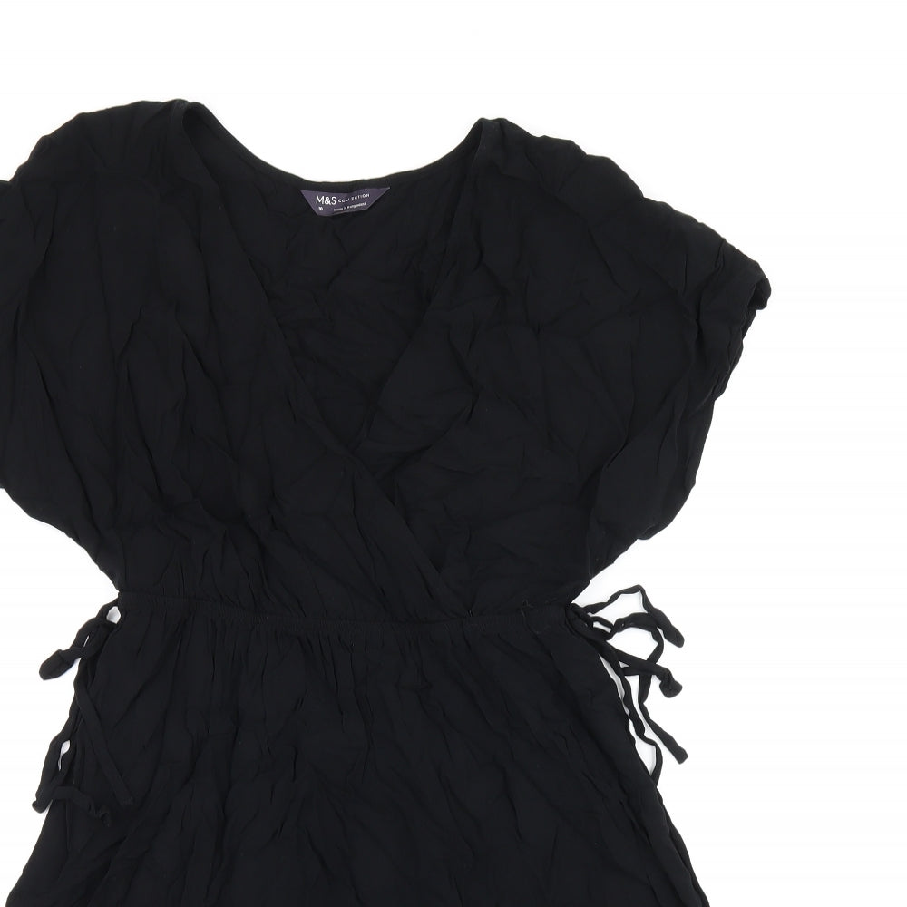 Marks and Spencer Womens Black Viscose Skater Dress Size 10 V-Neck Drawstring