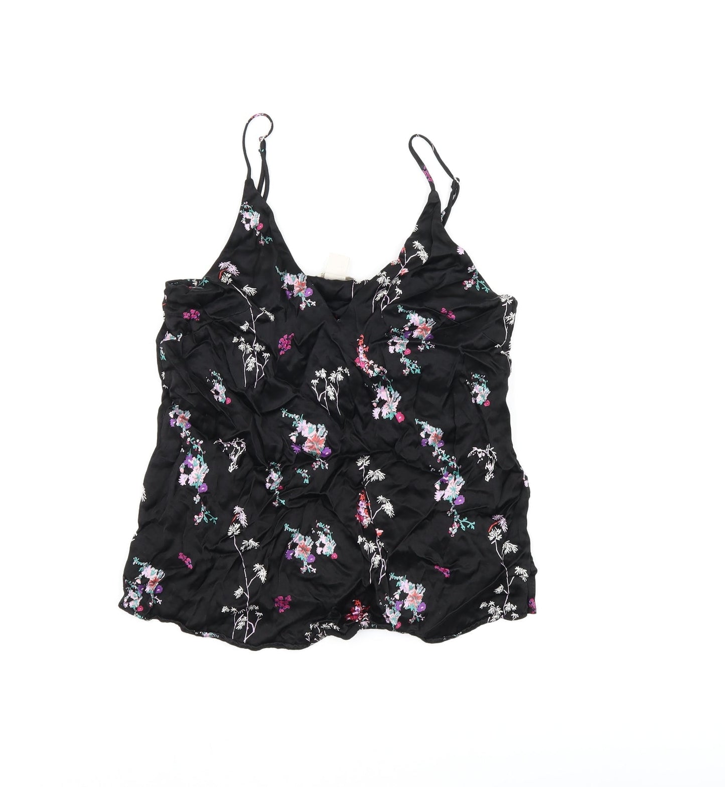 H&M Womens Black Floral Viscose Camisole T-Shirt Size 6 V-Neck