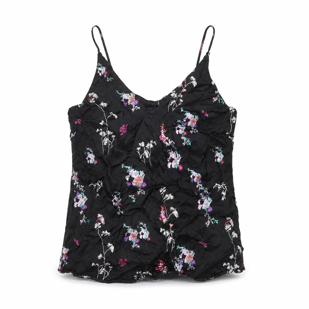 H&M Womens Black Floral Viscose Camisole T-Shirt Size 6 V-Neck
