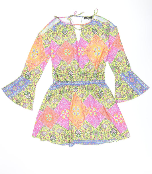 I Heart Purpurina Womens Multicoloured Geometric Polyester Skater Dress Size M V-Neck Tie