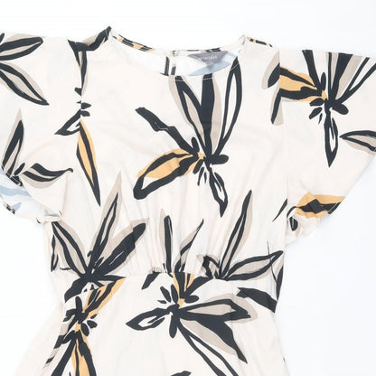 Close-up detail of Principles women’s pink geometric polyester shift, size UK 12, round neck button - leaf print
