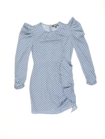 Additional front view of Missguided women’s blue polka dot polyester bodycon, size UK 8, round neck zip