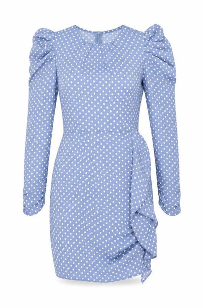 Front view of Missguided women’s blue polka dot polyester bodycon, size UK 8, round neck zip