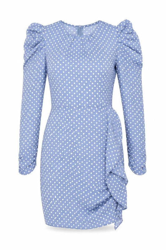 Front view of Missguided women’s blue polka dot polyester bodycon, size UK 8, round neck zip