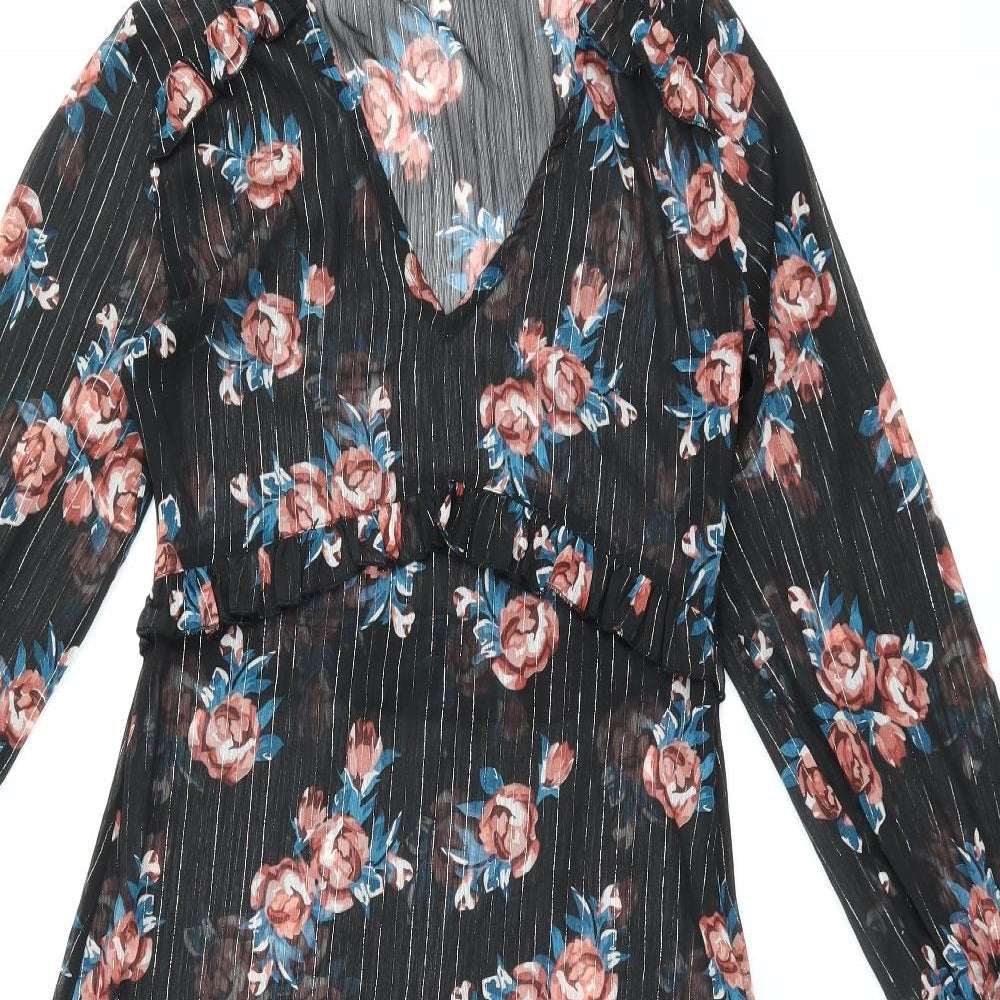 INNOCENCE Womens Black Floral Polyester Shift Size 10 V-Neck Zip - Sheer