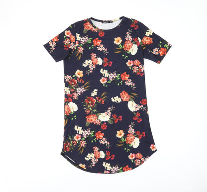 Boohoo Womens Blue Floral Polyester Shift Size 8 Round Neck Pullover