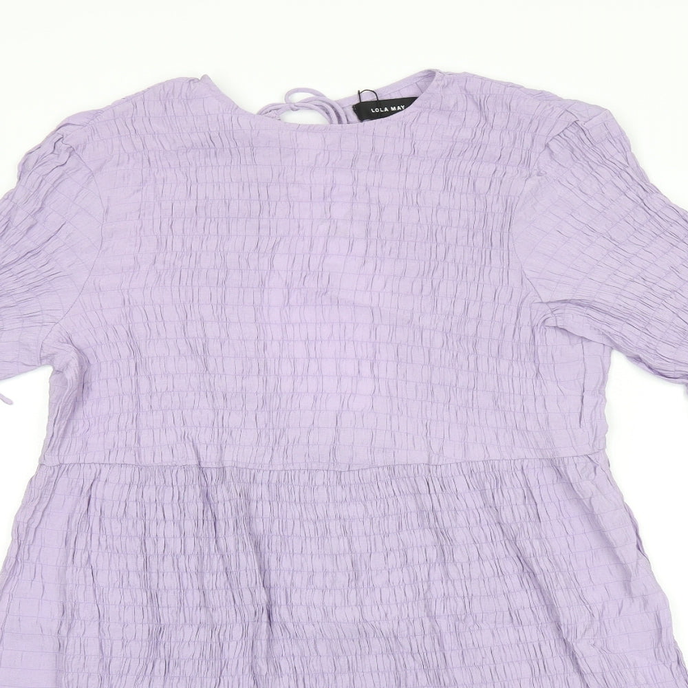 Lola May Womens Purple Viscose Skater Dress Size 8 Round Neck Tie