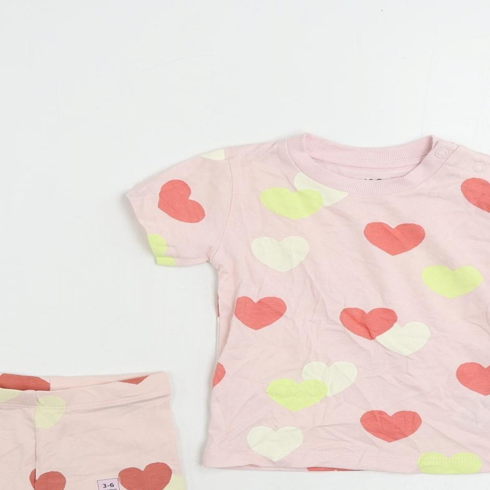 Marks and Spencer Girls Pink Geometric Cotton Trousers Set Outfit/Set Size 3-6 Months - Heart Pattern