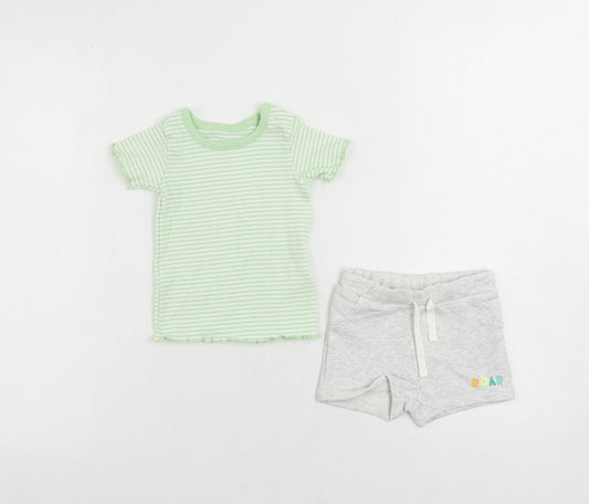 Marks and Spencer Baby Green Striped Cotton Shorts Set Outfit/Set Size 3-6 Months Pullover