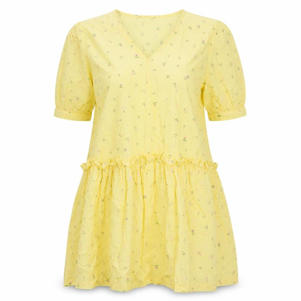 Monki Womens Yellow Floral Cotton A-Line Size S V-Neck Pullover