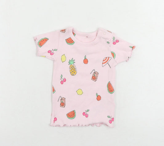 Marks and Spencer Baby Pink Geometric Cotton Pullover T-Shirt Size 3-6 Months Crew Neck - Fruits