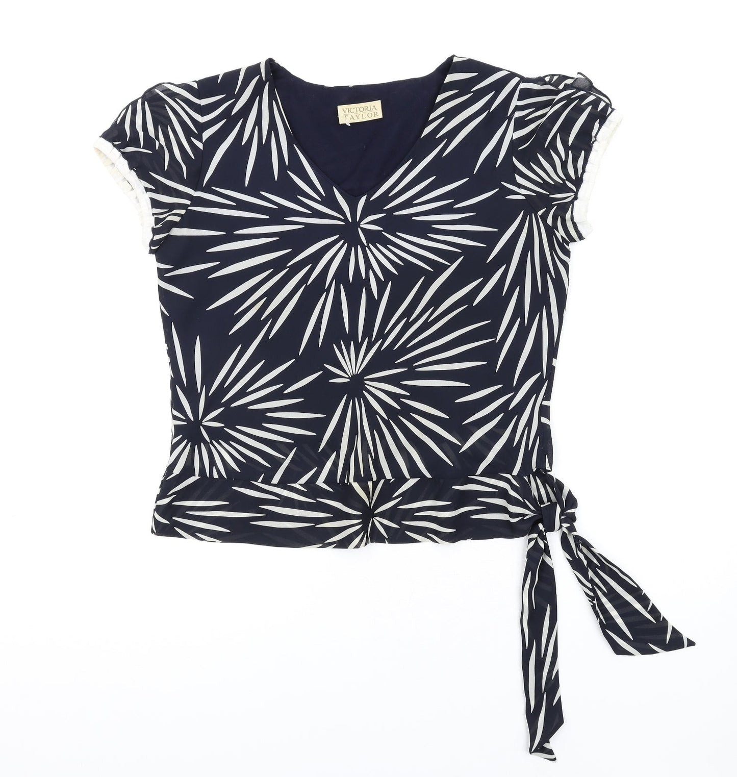 Victoria Taylor Womens Blue Geometric Polyester Basic T-Shirt Size 16 Round Neck