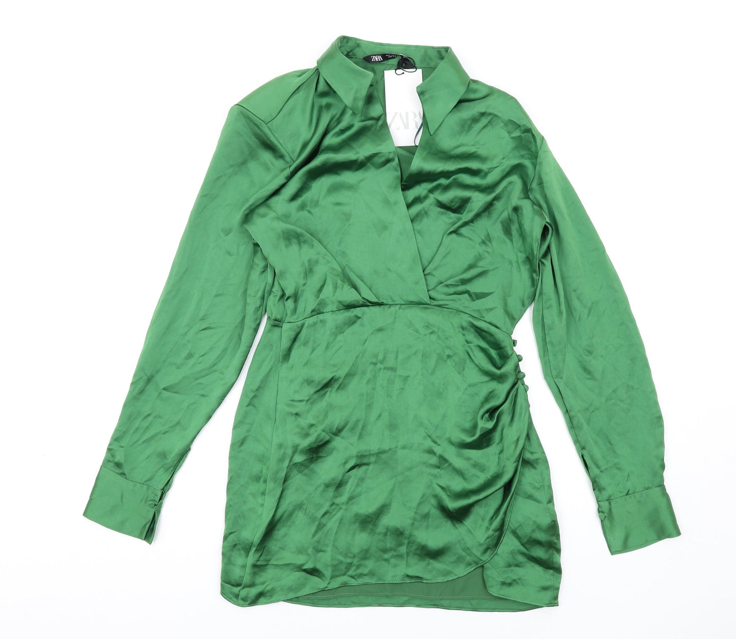 Zara Womens Green Polyester Shirt Dress Size S Collared Zip