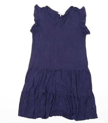 Next Womens Blue Linen A-Line Size 10 V-Neck Pullover