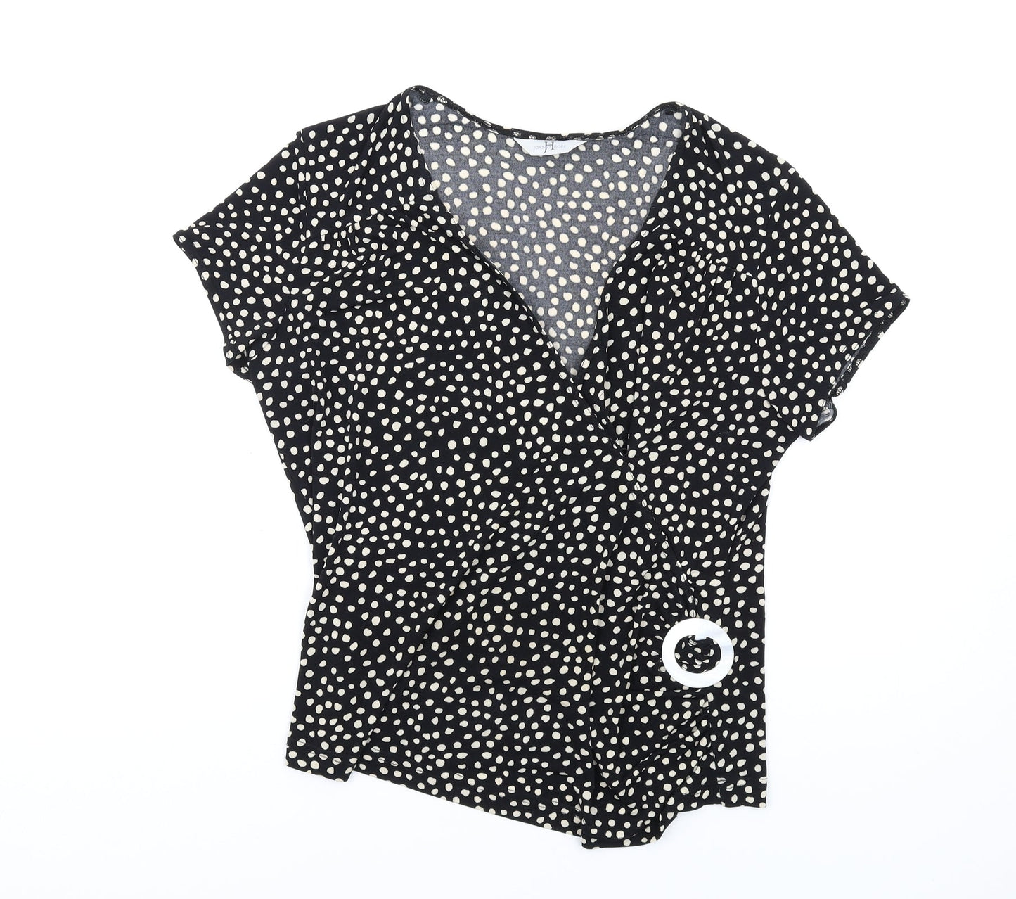 Joanna Hope Womens Black Geometric Polyester Basic T-Shirt Size 14 V-Neck