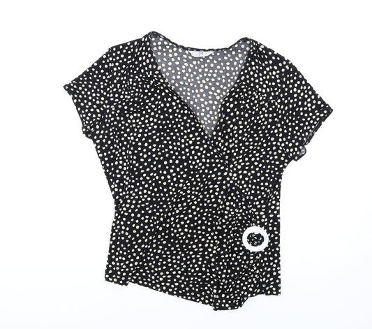 Joanna Hope Womens Black Geometric Polyester Basic T-Shirt Size 14 V-Neck
